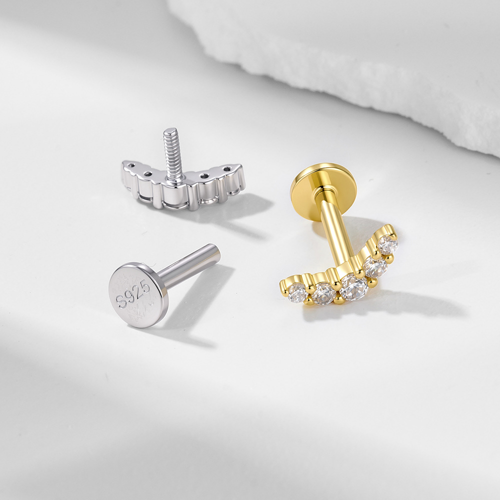New European and American style versatile S925 sterling silver everyday diamond-encrusted cartilage flat-head spiral pierced ear stud earrings for women