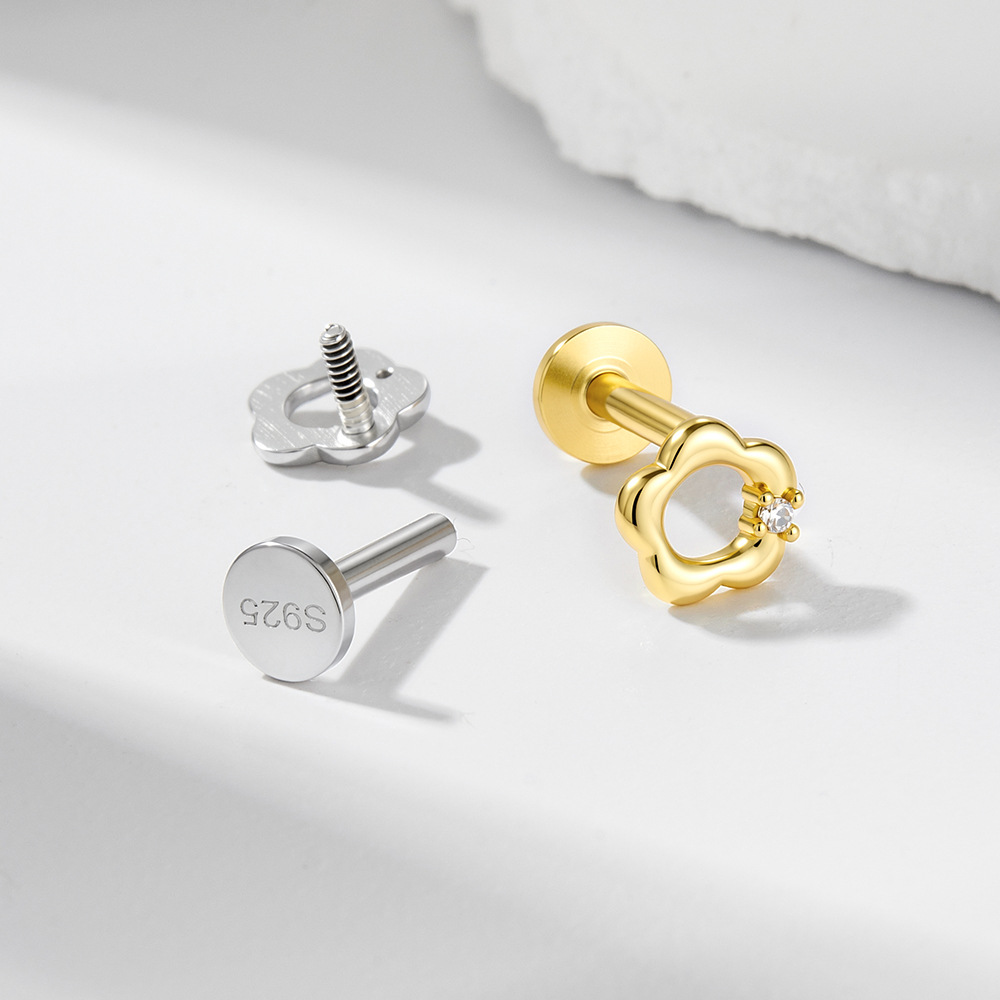 S925 Sterling Silver Hollow Out Small Flower Diamond Cartilage Spiral Pierced Earrings for Women, European and American Style, Versatile Stackable Earrings