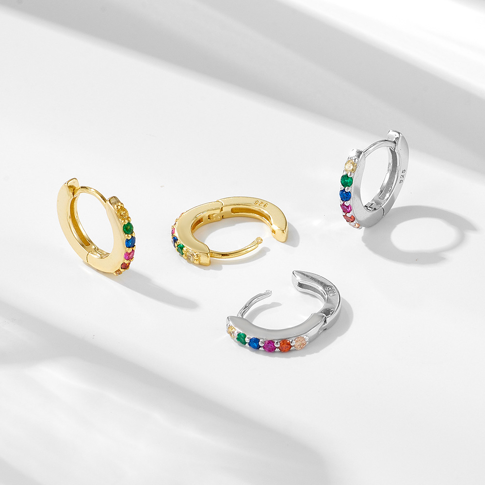 European and American style S925 sterling silver round micro-painted colored zircon earrings for women, niche and affordable luxury hoop earrings.