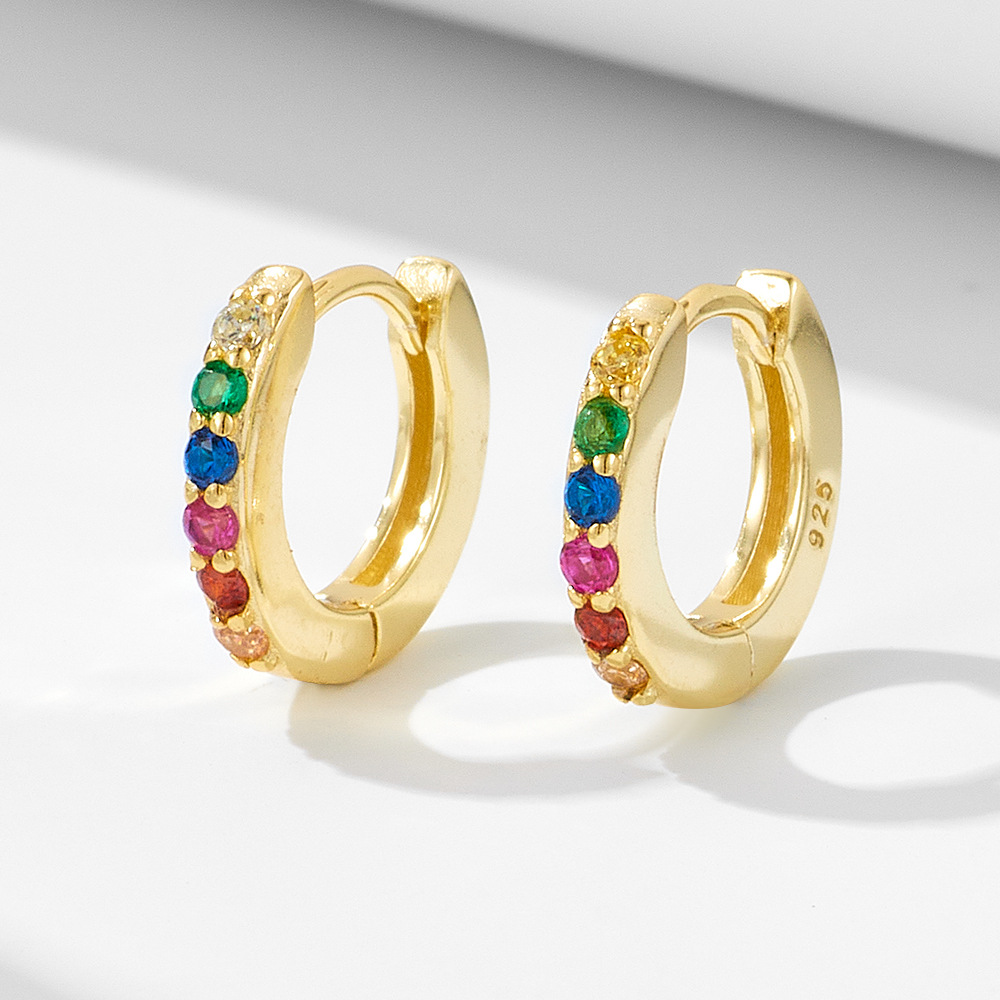 European and American style S925 sterling silver round micro-painted colored zircon earrings for women, niche and affordable luxury hoop earrings.