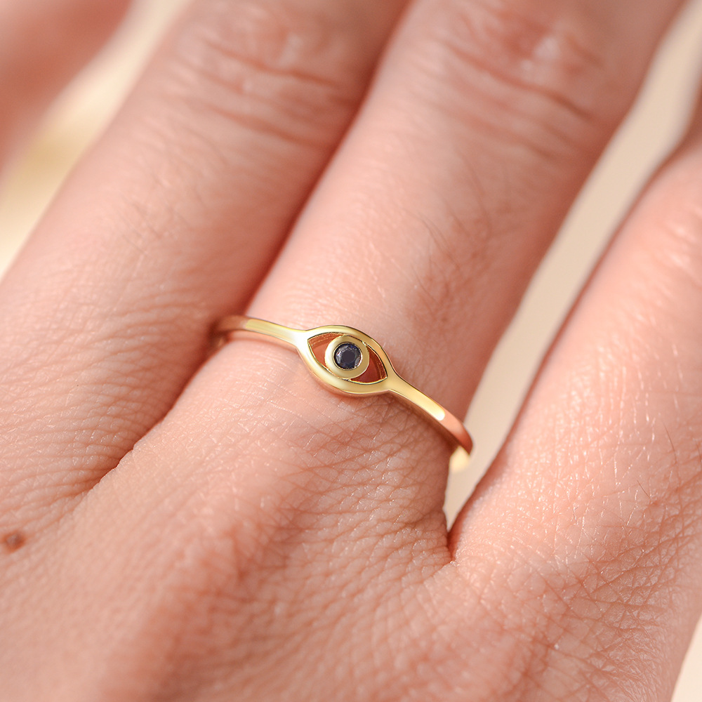 S925 Sterling Silver Evil Eye Ring for Women, European and American Style, Vintage Style, Gold Plated with Blue Zircon Eye, Jewelry