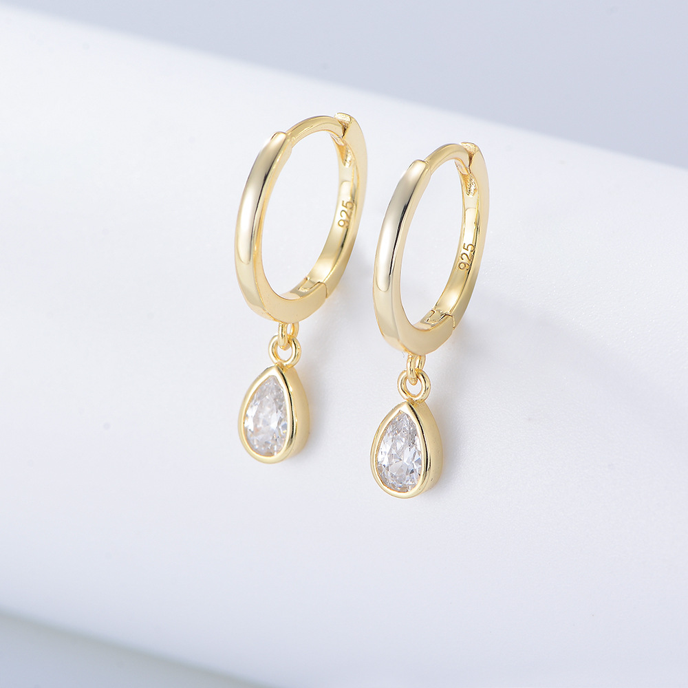 European and American style creative and versatile earring set, S925 sterling silver chain earrings, C-shaped earring clips, teardrop zircon earrings.