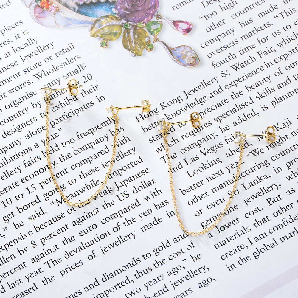 European and American style creative and versatile earring set, S925 sterling silver chain earrings, C-shaped earring clips, teardrop zircon earrings.