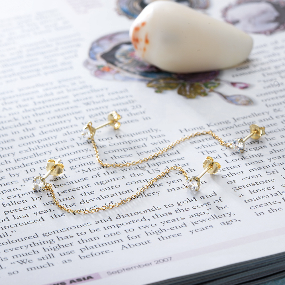 European and American style creative and versatile earring set, S925 sterling silver chain earrings, C-shaped earring clips, teardrop zircon earrings.