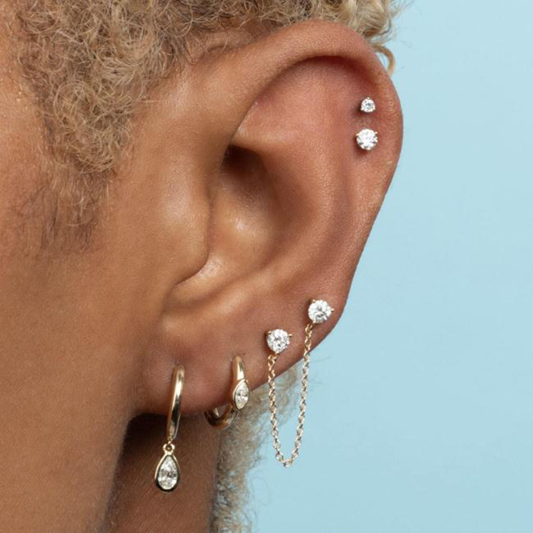 European and American style creative and versatile earring set, S925 sterling silver chain earrings, C-shaped earring clips, teardrop zircon earrings.