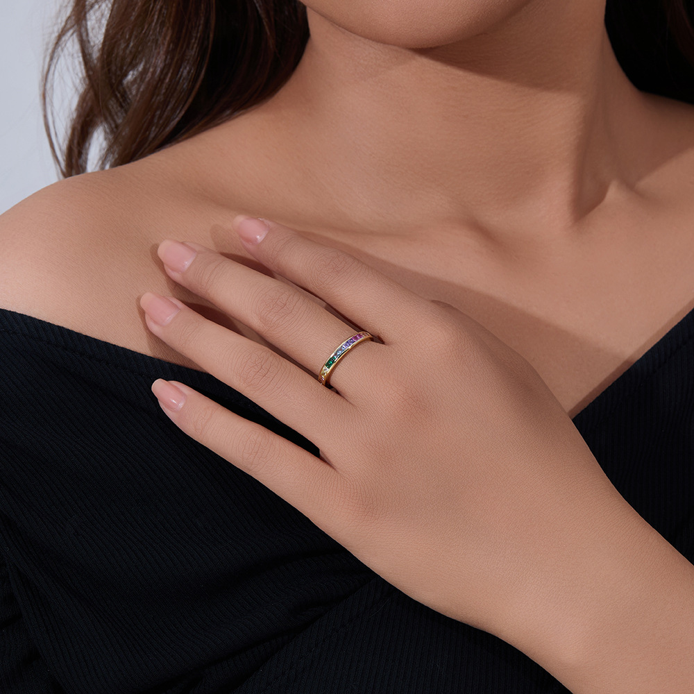 Peishang European and American Accessories S925 Sterling Silver Micro-paved Square Rainbow Zircon Ring Women's Fashion Ring Bracelet