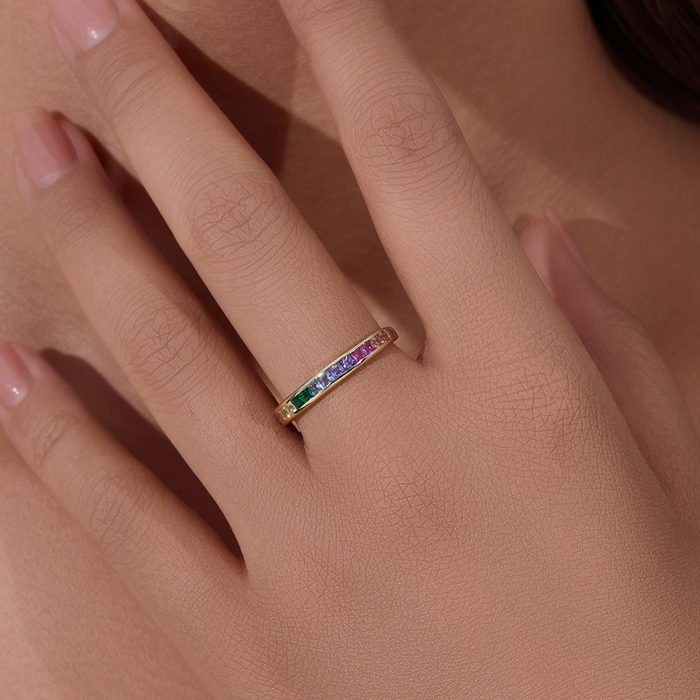 Peishang European and American Accessories S925 Sterling Silver Micro-paved Square Rainbow Zircon Ring Women's Fashion Ring Bracelet