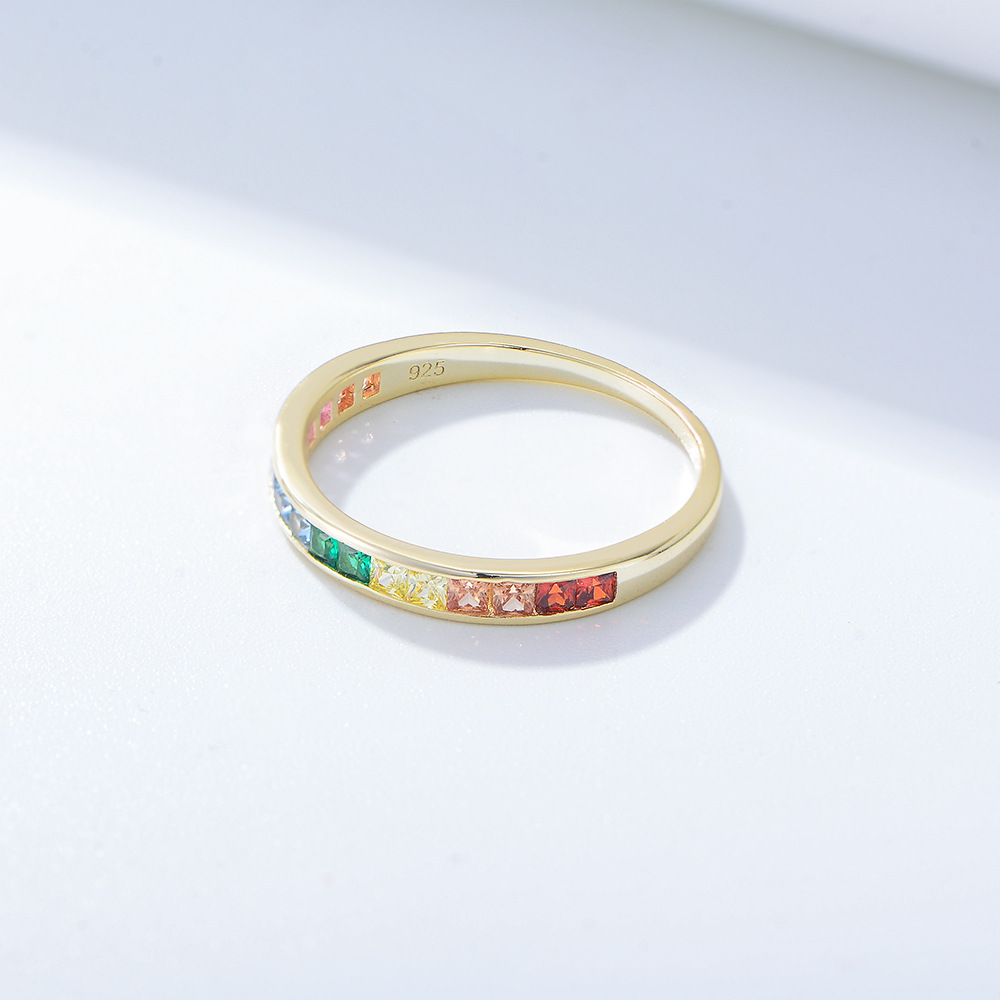 Peishang European and American Accessories S925 Sterling Silver Micro-paved Square Rainbow Zircon Ring Women's Fashion Ring Bracelet