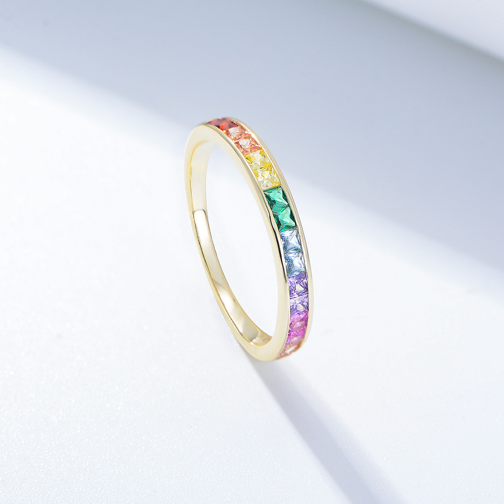 Peishang European and American Accessories S925 Sterling Silver Micro-paved Square Rainbow Zircon Ring Women's Fashion Ring Bracelet