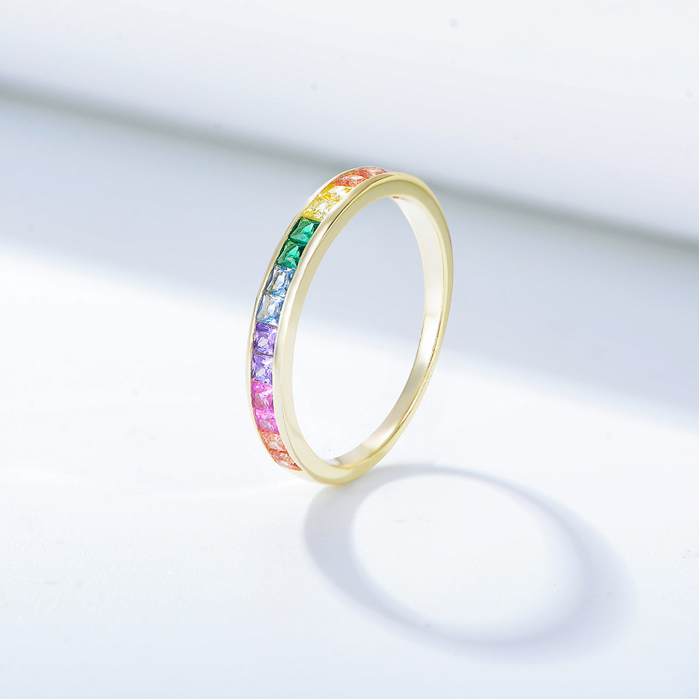 Peishang European and American Accessories S925 Sterling Silver Micro-paved Square Rainbow Zircon Ring Women's Fashion Ring Bracelet