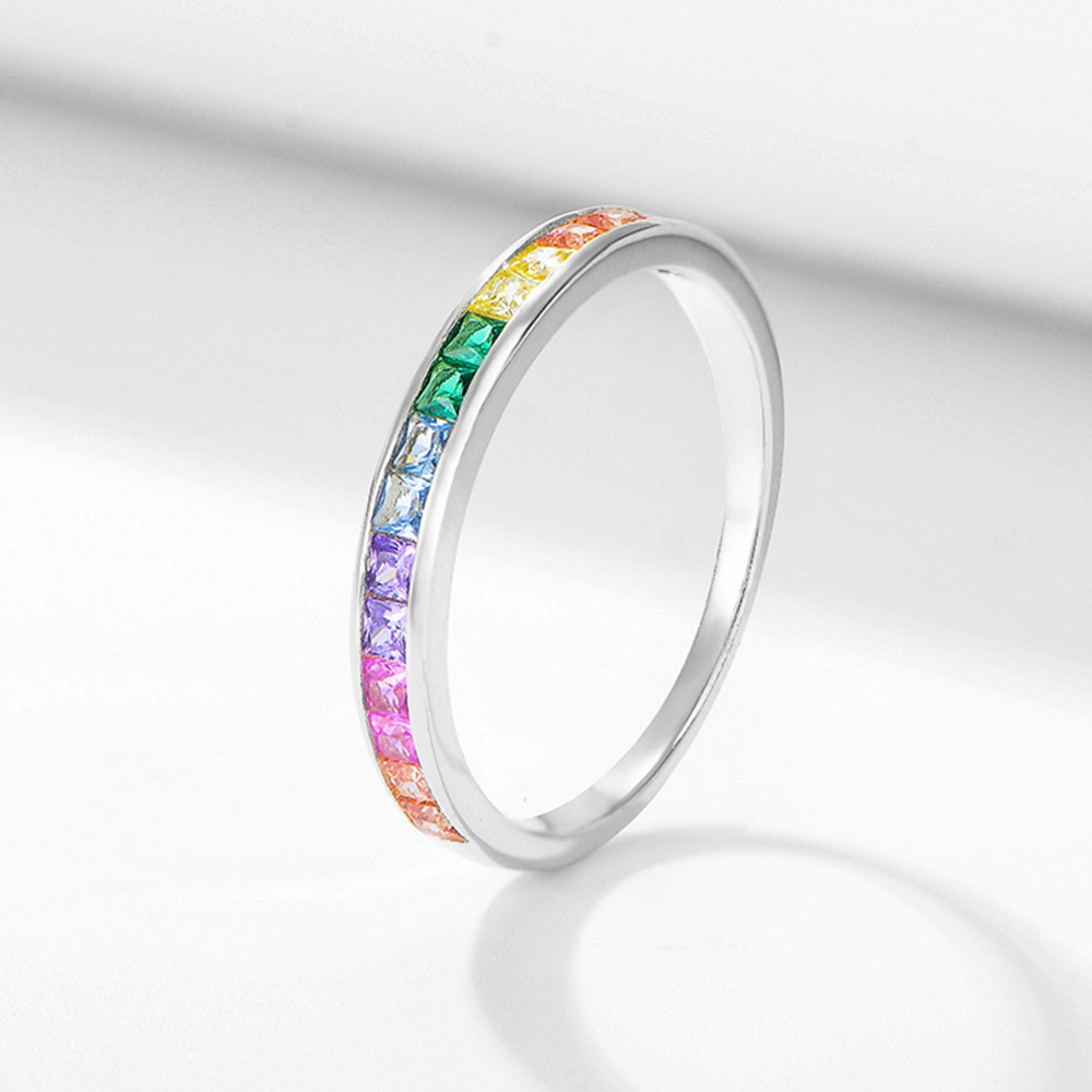 Peishang European and American Accessories S925 Sterling Silver Micro-paved Square Rainbow Zircon Ring Women's Fashion Ring Bracelet