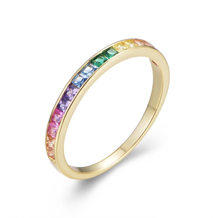 Peishang European and American Accessories S925 Sterling Silver Micro-paved Square Rainbow Zircon Ring Women's Fashion Ring Bracelet