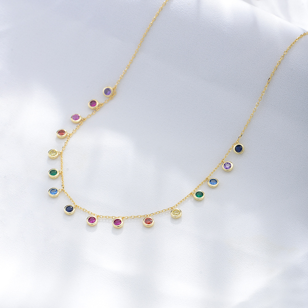 S925 Sterling Silver Colorful Round Zircon Necklace for Women, European and American Style Seven-Color Gemstone Pendant, Rainbow Clavicle Chain