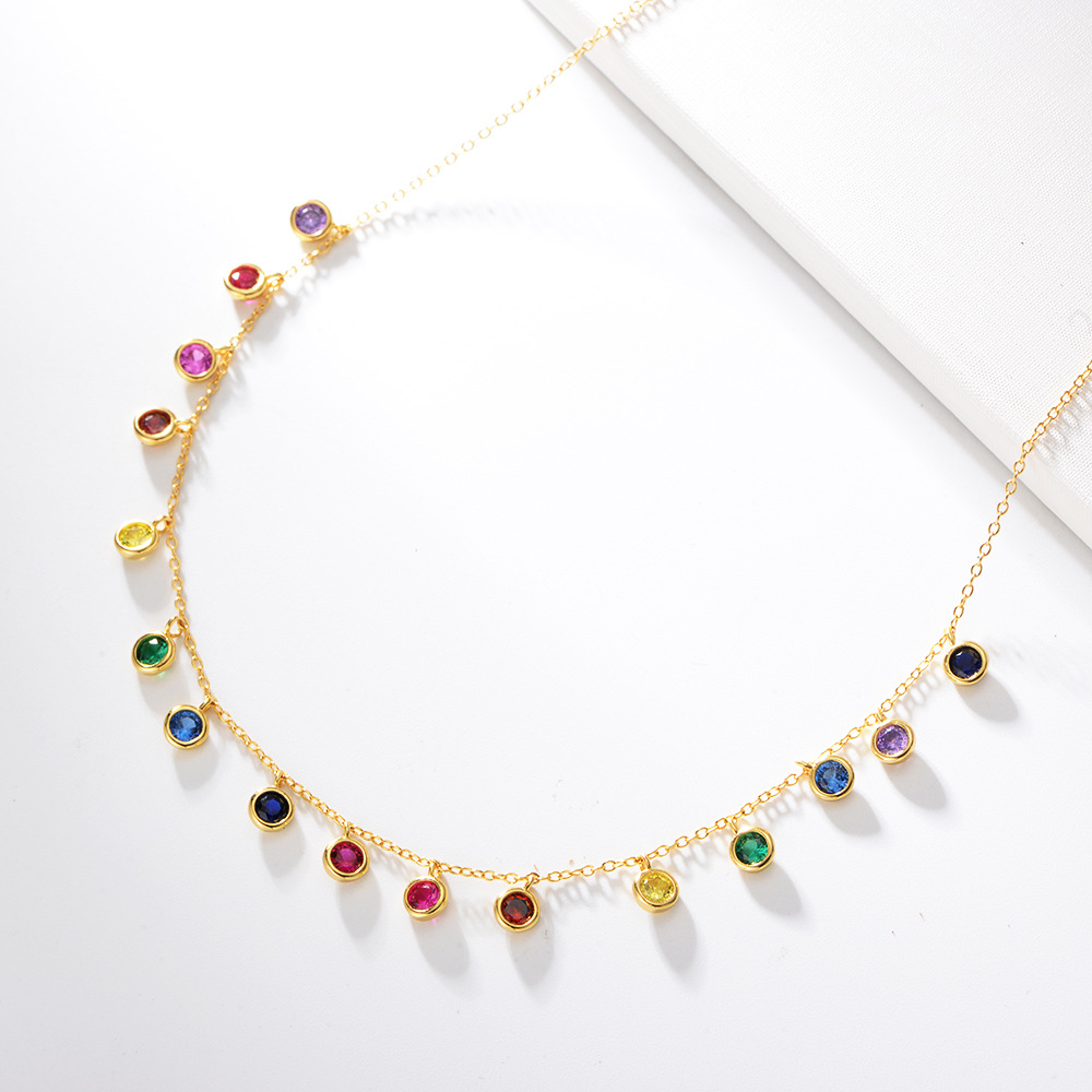 S925 Sterling Silver Colorful Round Zircon Necklace for Women, European and American Style Seven-Color Gemstone Pendant, Rainbow Clavicle Chain