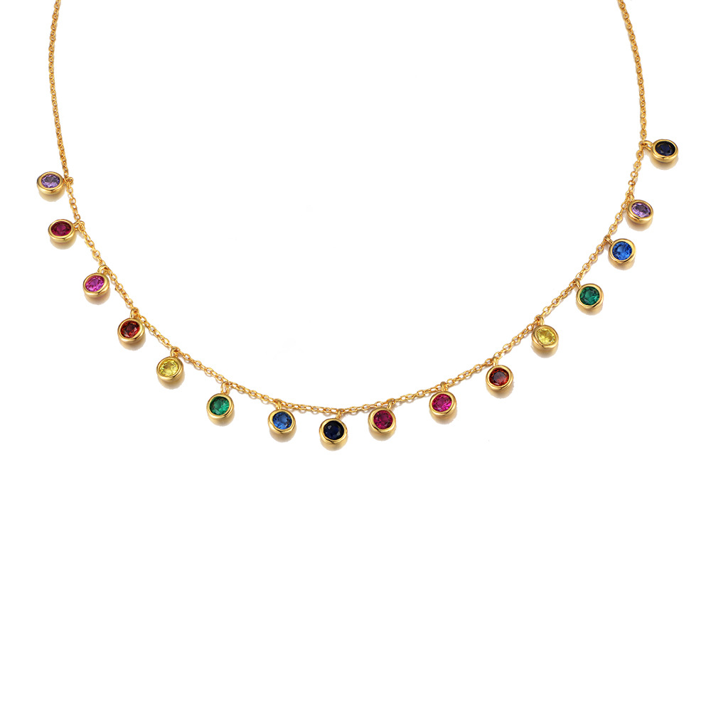 S925 Sterling Silver Colorful Round Zircon Necklace for Women, European and American Style Seven-Color Gemstone Pendant, Rainbow Clavicle Chain