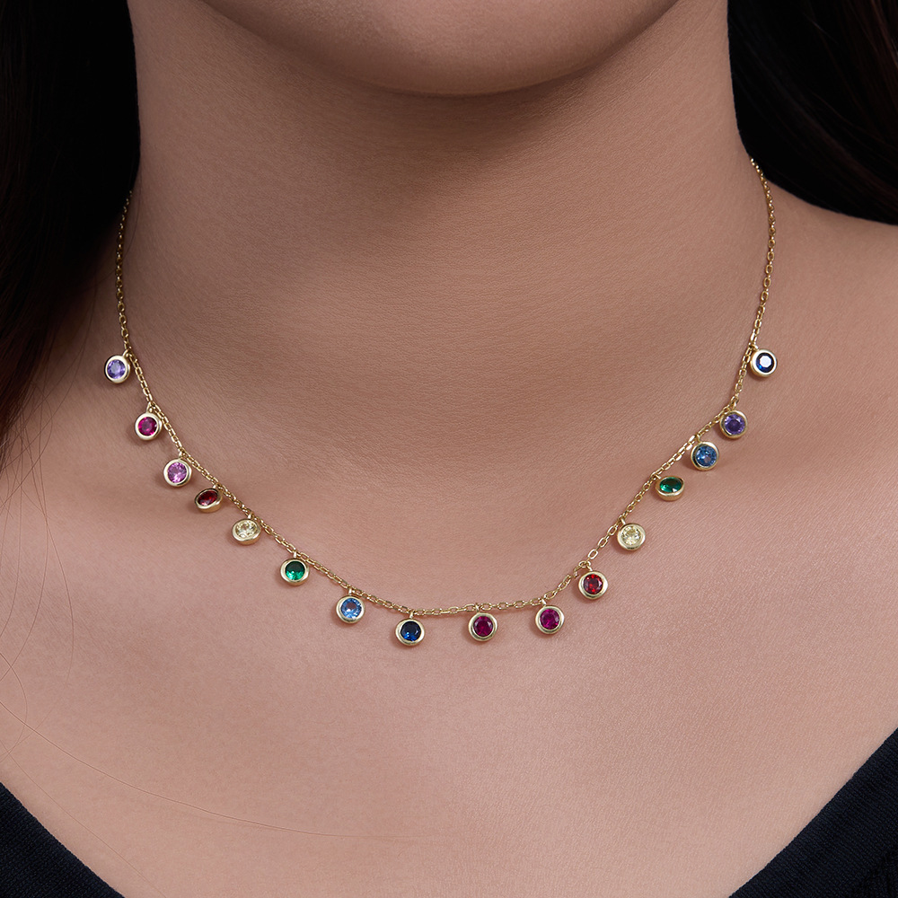 S925 Sterling Silver Colorful Round Zircon Necklace for Women, European and American Style Seven-Color Gemstone Pendant, Rainbow Clavicle Chain