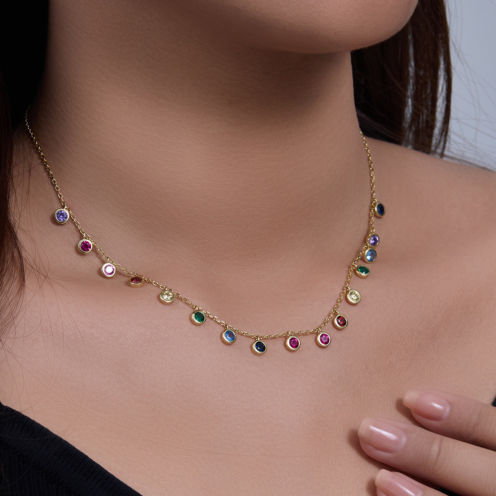 S925 Sterling Silver Colorful Round Zircon Necklace for Women, European and American Style Seven-Color Gemstone Pendant, Rainbow Clavicle Chain