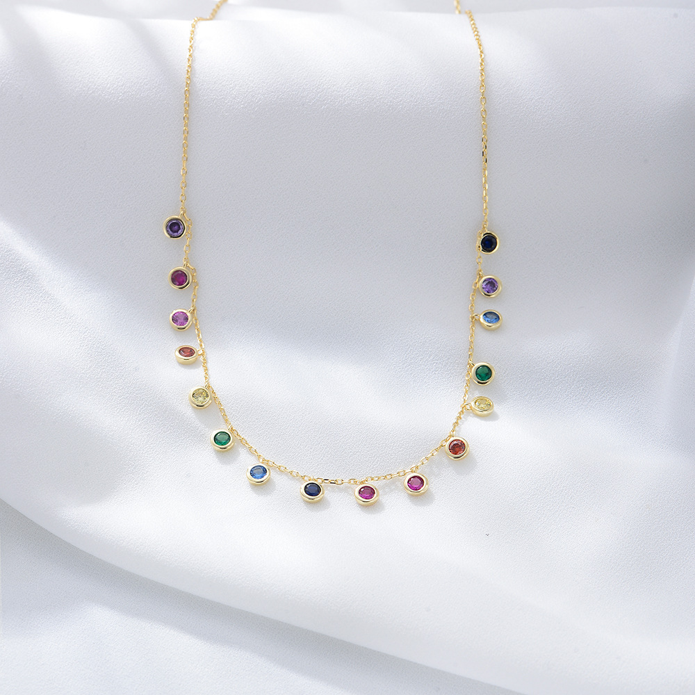 S925 Sterling Silver Colorful Round Zircon Necklace for Women, European and American Style Seven-Color Gemstone Pendant, Rainbow Clavicle Chain