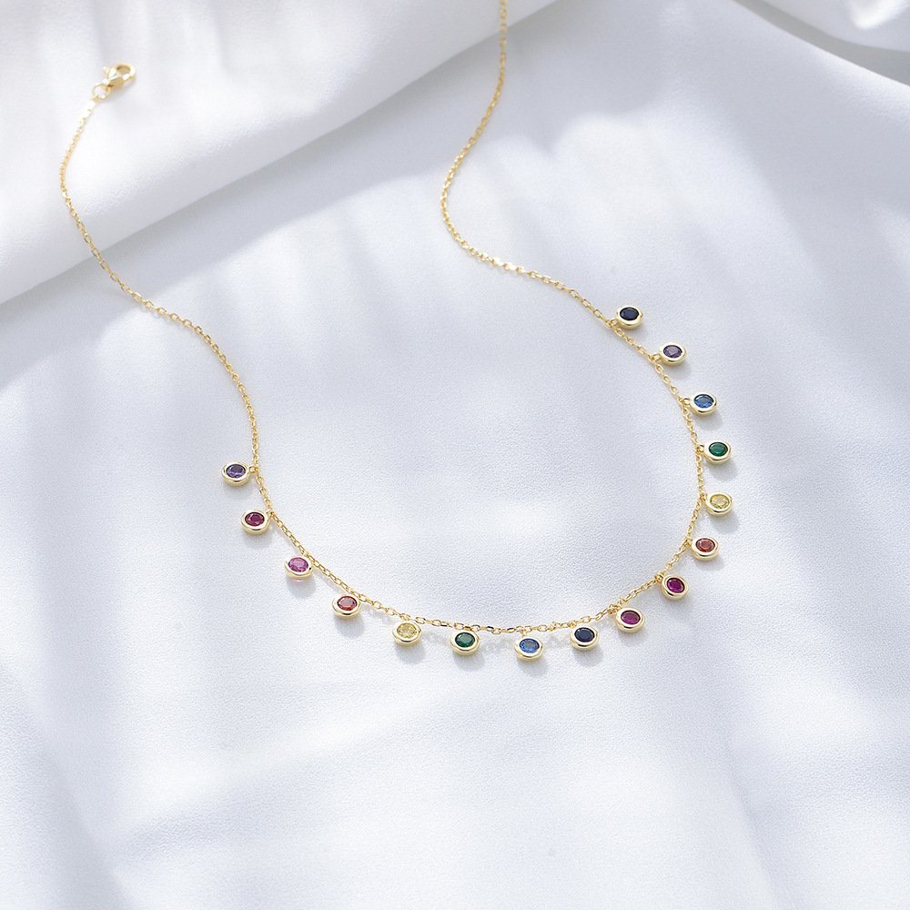 S925 Sterling Silver Colorful Round Zircon Necklace for Women, European and American Style Seven-Color Gemstone Pendant, Rainbow Clavicle Chain