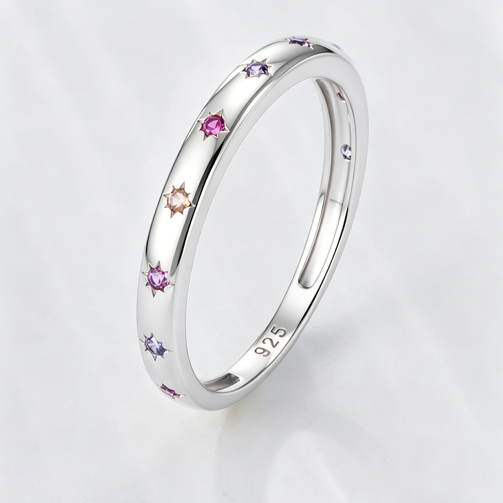 S925 Sterling Silver Colored Zircon Ring for Women, European and American Style, Niche Design, Geometric Six-Pointed Star Ring, Trendy Jewelry