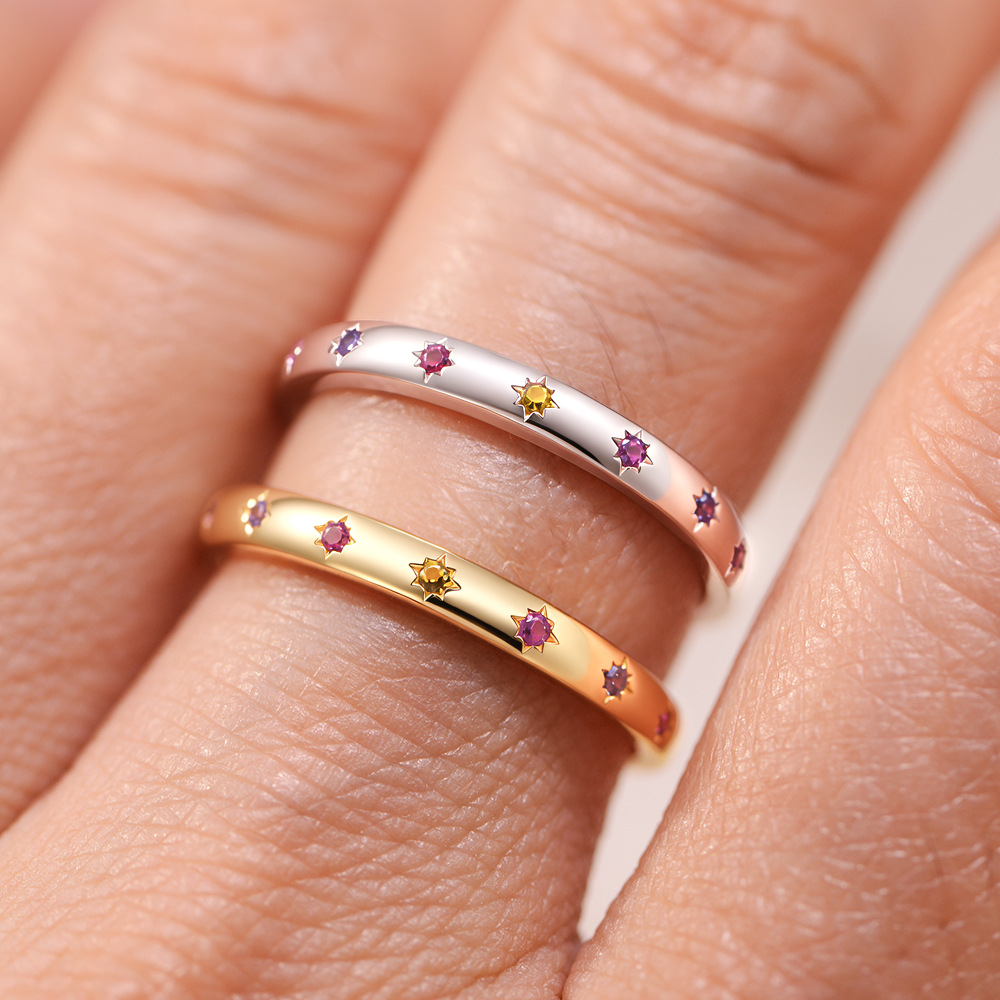 S925 Sterling Silver Colored Zircon Ring for Women, European and American Style, Niche Design, Geometric Six-Pointed Star Ring, Trendy Jewelry