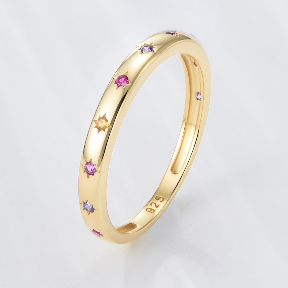 S925 Sterling Silver Colored Zircon Ring for Women, European and American Style, Niche Design, Geometric Six-Pointed Star Ring, Trendy Jewelry