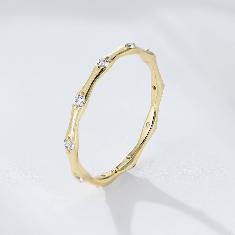S925 sterling silver minimalist geometric bamboo-shaped ring for women, Japanese style, understated luxury, fashionable, cool-toned, zircon stone ring, delicate bracelet.