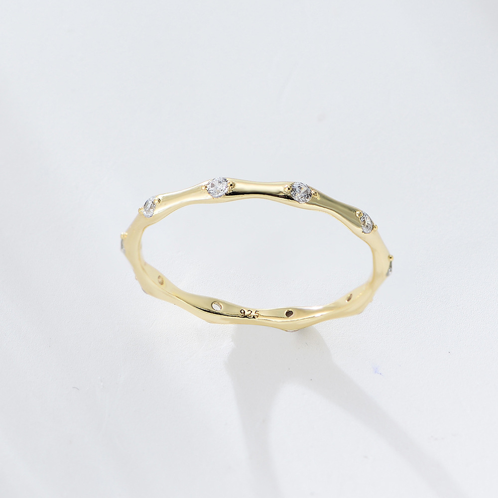 S925 sterling silver minimalist geometric bamboo-shaped ring for women, Japanese style, understated luxury, fashionable, cool-toned, zircon stone ring, delicate bracelet.