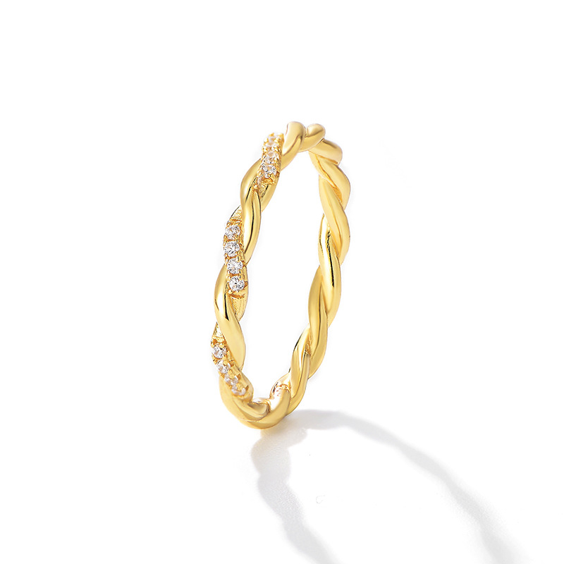 S925 sterling silver twisted braided ring for women, a unique and sophisticated design, featuring diamond accents.