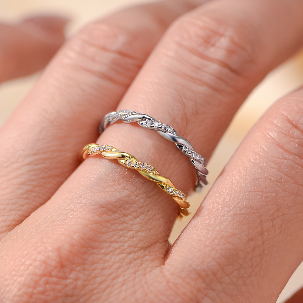 S925 sterling silver twisted braided ring for women, a unique and sophisticated design, featuring diamond accents.