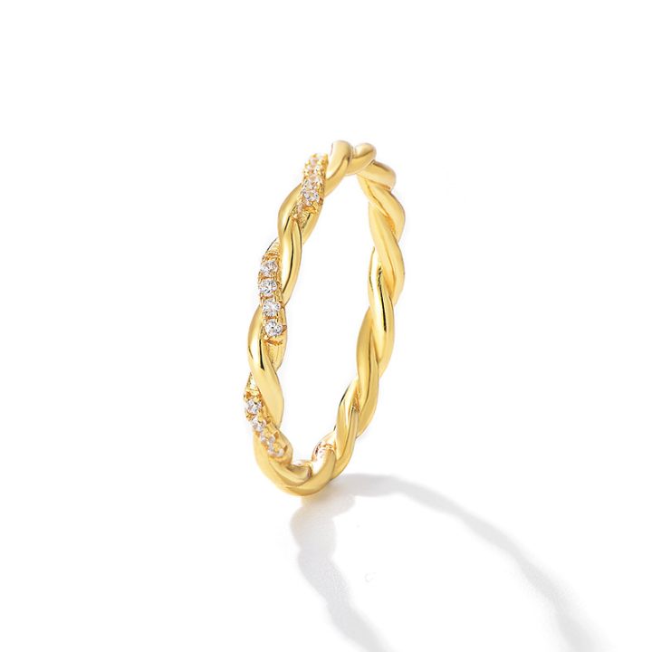 S925 sterling silver twisted braided ring for women, a unique and sophisticated design, featuring diamond accents.