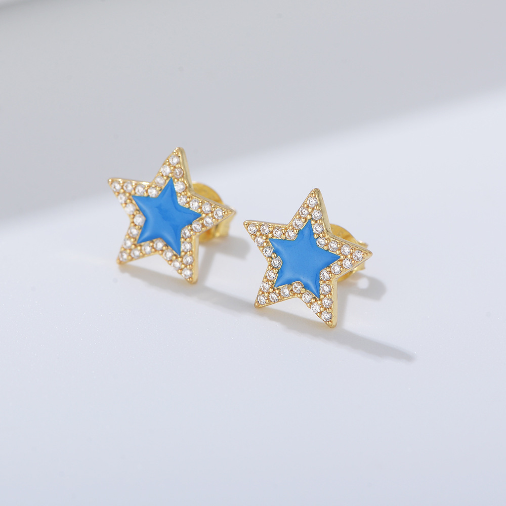 S925 Sterling Silver Micro-paved Zircon Epoxy Resin Five-Pointed Star Earrings for Women, New European and American Style, Diamond-set Star Earrings