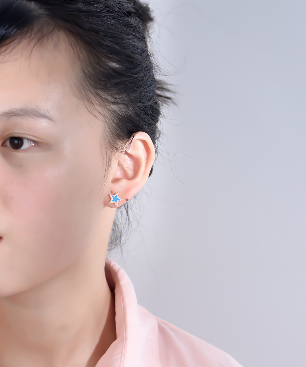S925 Sterling Silver Micro-paved Zircon Epoxy Resin Five-Pointed Star Earrings for Women, New European and American Style, Diamond-set Star Earrings