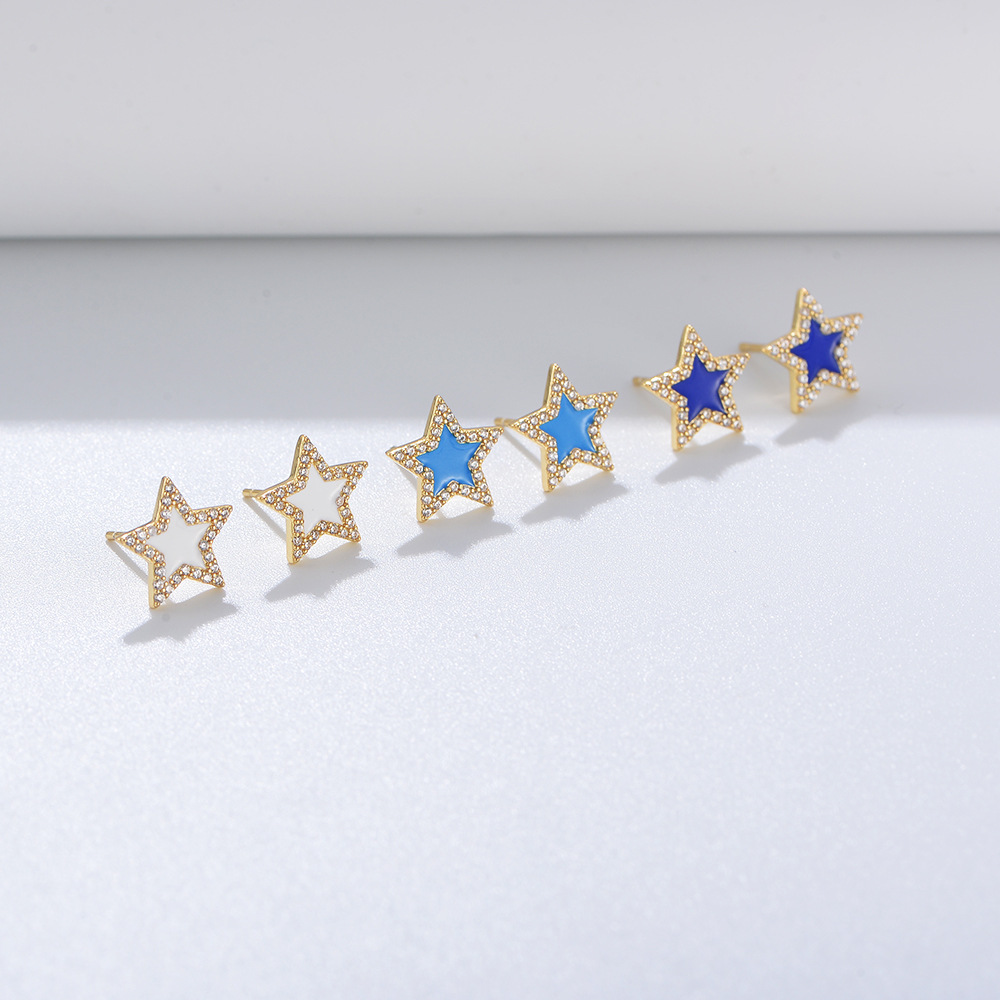 S925 Sterling Silver Micro-paved Zircon Epoxy Resin Five-Pointed Star Earrings for Women, New European and American Style, Diamond-set Star Earrings