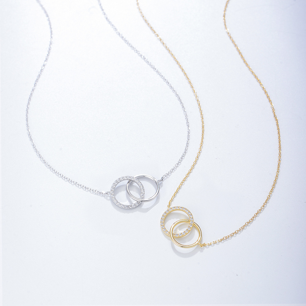 S925 Sterling Silver Fashionable and Simple Diamond-Studded Double Circle Necklace Set, European and American Style Ins Style Women's Collarbone Chain
