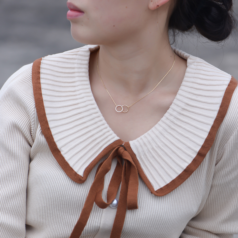 S925 Sterling Silver Fashionable and Simple Diamond-Studded Double Circle Necklace Set, European and American Style Ins Style Women's Collarbone Chain