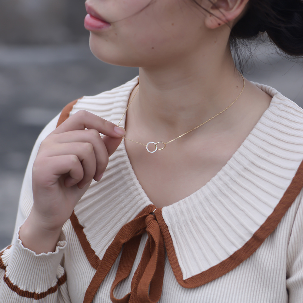 S925 Sterling Silver Fashionable and Simple Diamond-Studded Double Circle Necklace Set, European and American Style Ins Style Women's Collarbone Chain