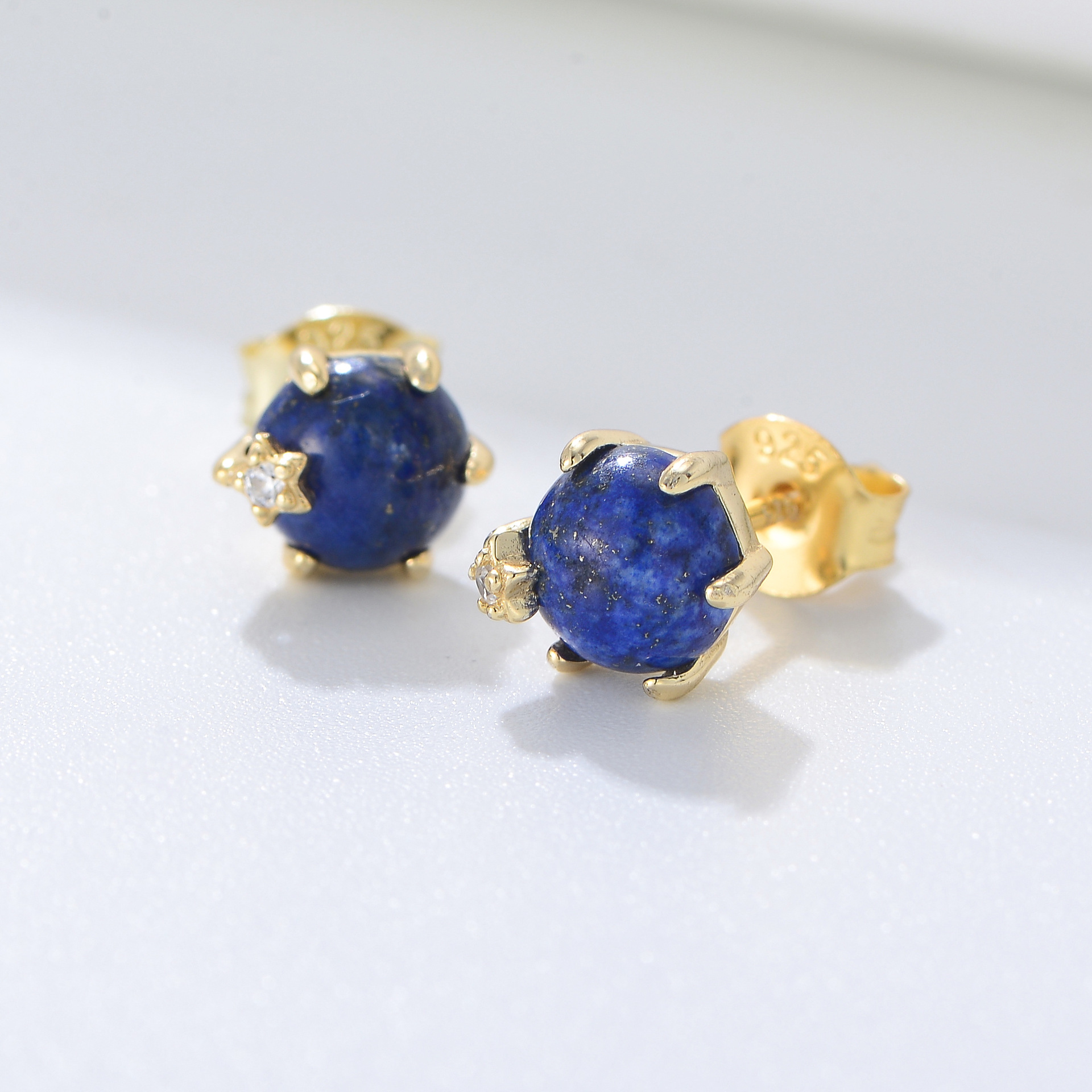 S925 Sterling Silver Natural Lapis Lazuli Bead Six-Prong Stud Earrings - High-End, Niche, European & American Style, Ins-Style Gemstone Earrings