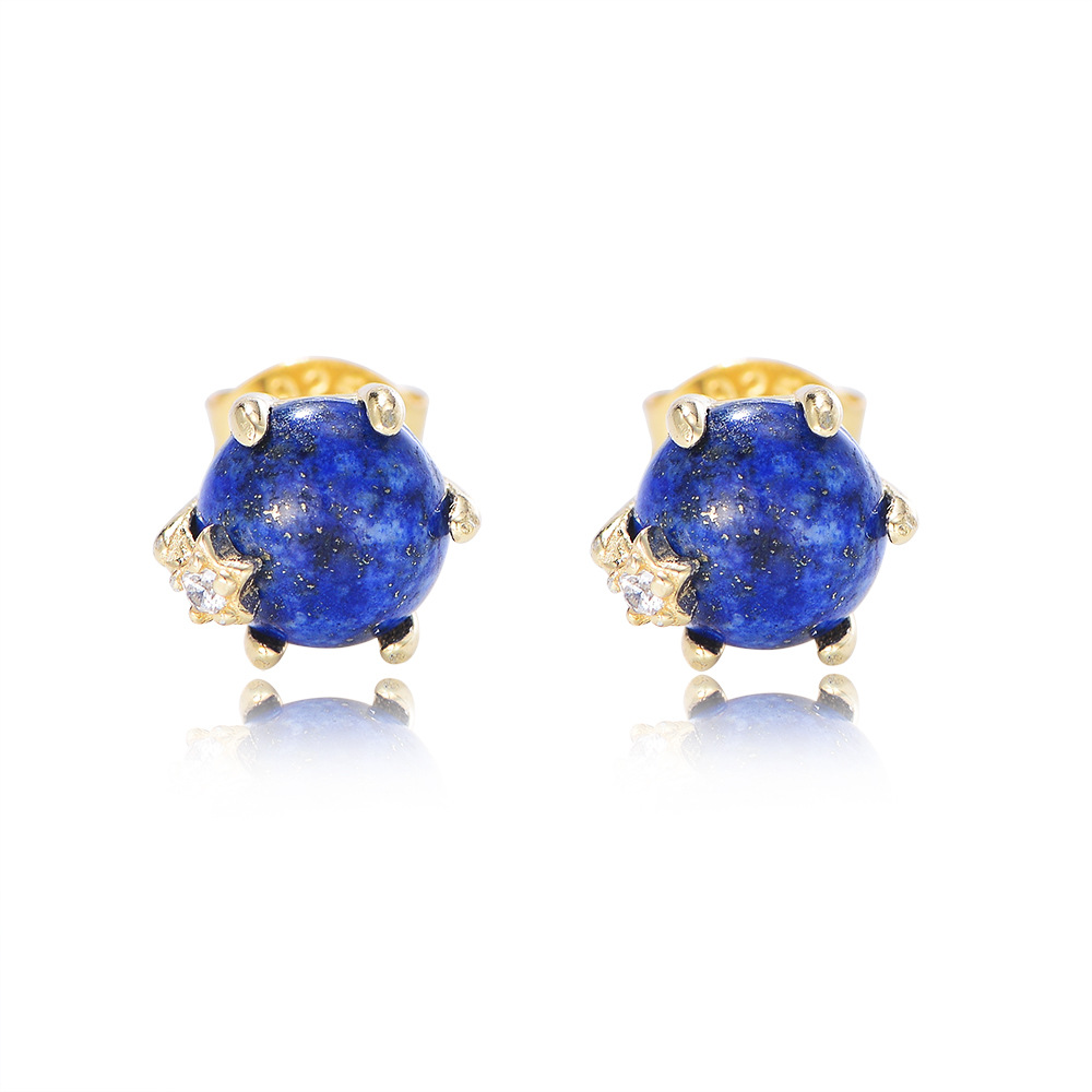 S925 Sterling Silver Natural Lapis Lazuli Bead Six-Prong Stud Earrings - High-End, Niche, European & American Style, Ins-Style Gemstone Earrings