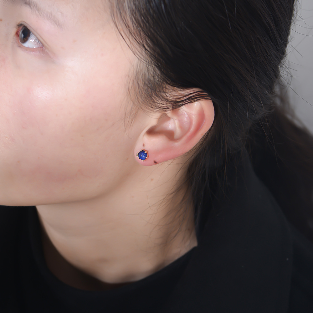 S925 Sterling Silver Natural Lapis Lazuli Bead Six-Prong Stud Earrings - High-End, Niche, European & American Style, Ins-Style Gemstone Earrings