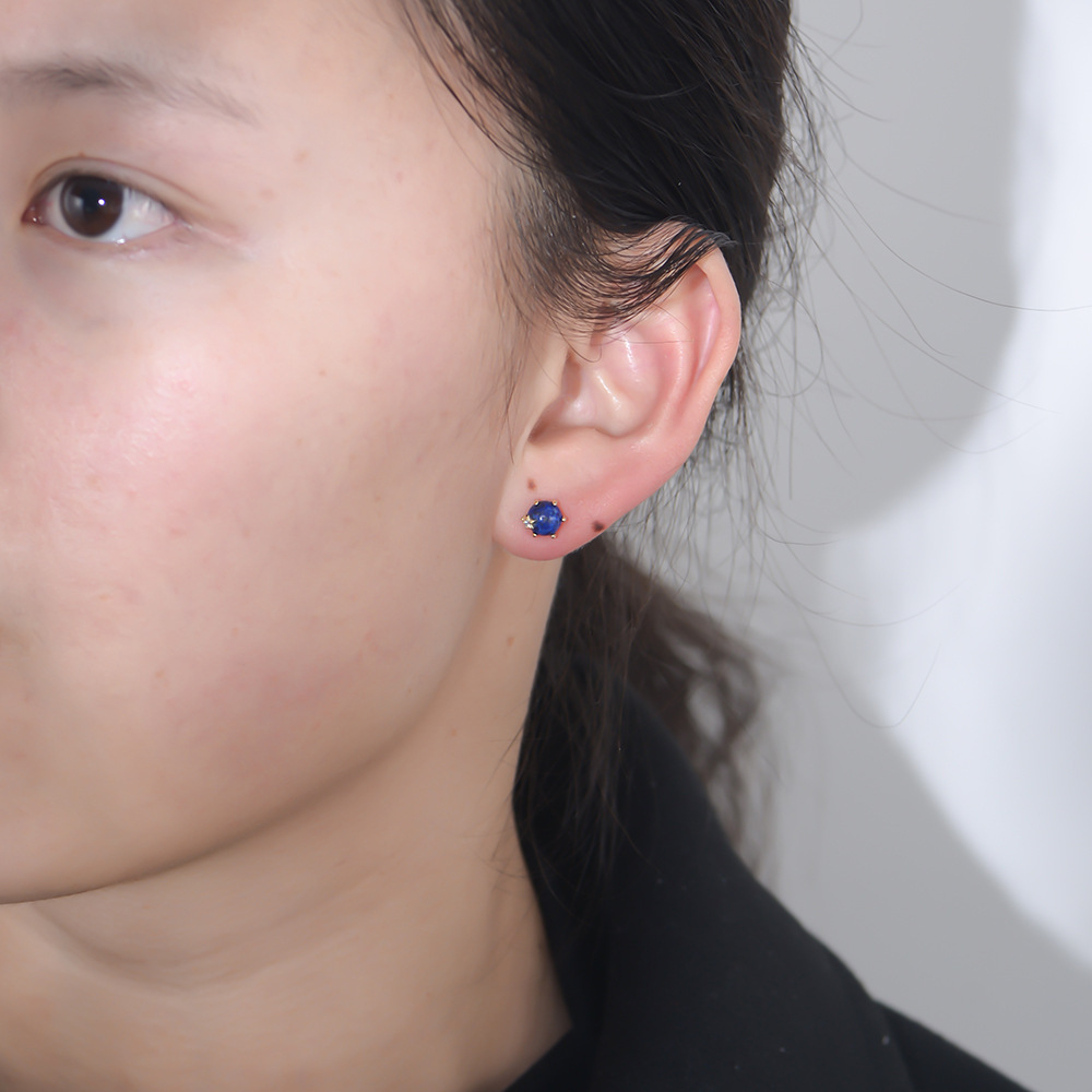 S925 Sterling Silver Natural Lapis Lazuli Bead Six-Prong Stud Earrings - High-End, Niche, European & American Style, Ins-Style Gemstone Earrings