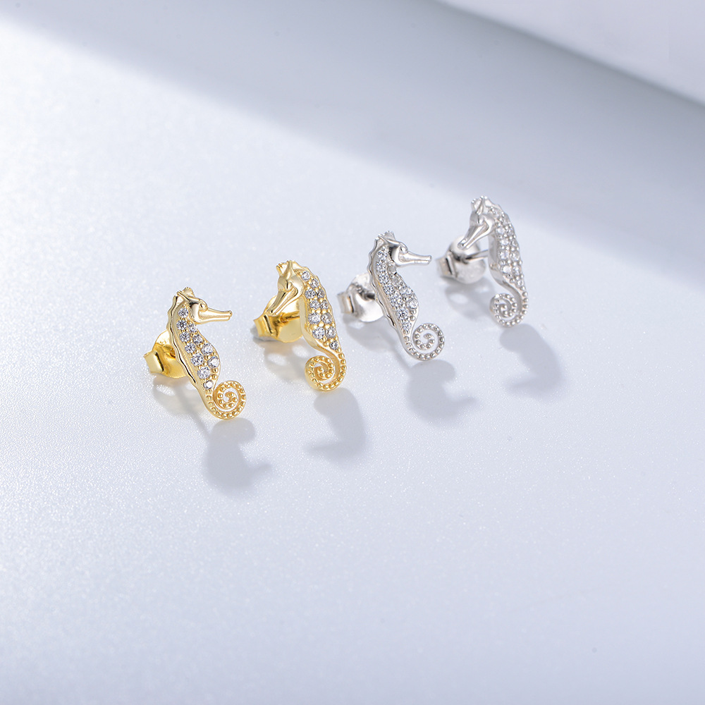 S925 Sterling Silver Micro-painted Zircon Seahorse Animal Earrings for Women - European and American Style, Cute and Unique.
