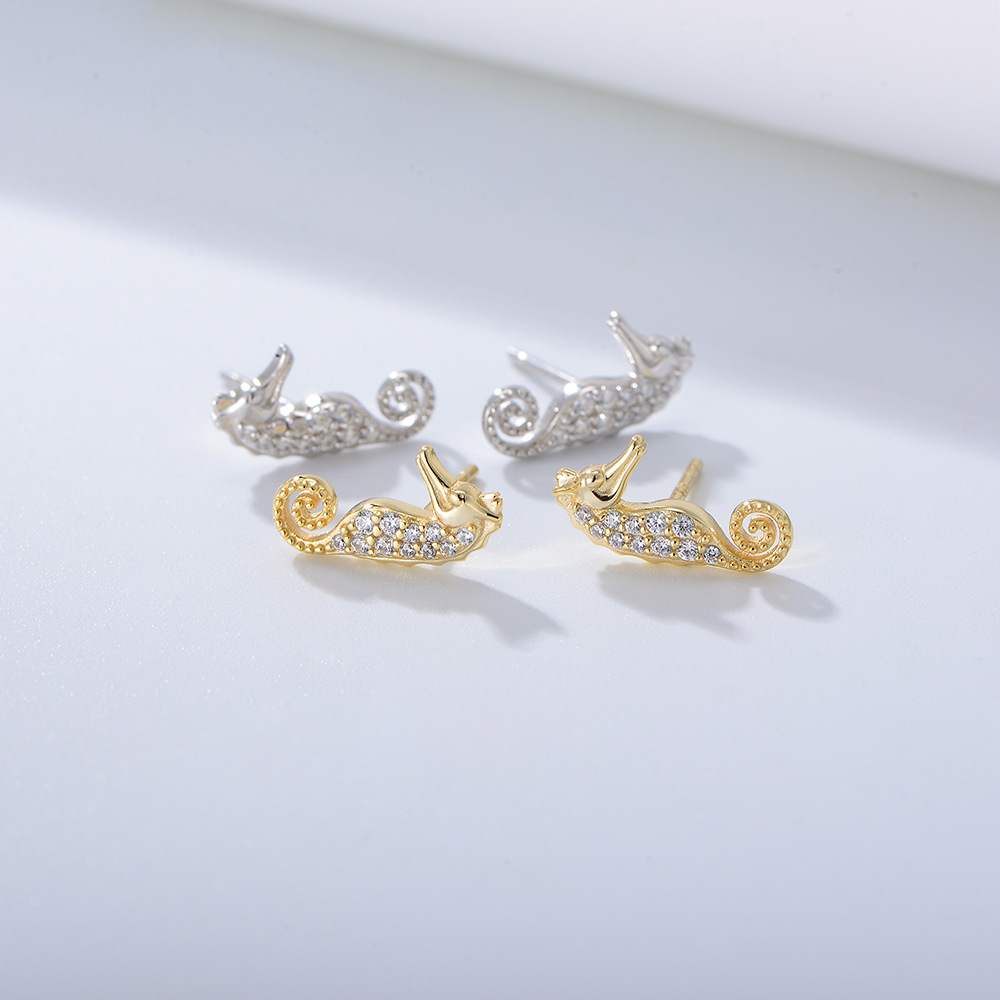 S925 Sterling Silver Micro-painted Zircon Seahorse Animal Earrings for Women - European and American Style, Cute and Unique.