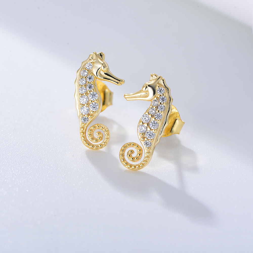 S925 Sterling Silver Micro-painted Zircon Seahorse Animal Earrings for Women - European and American Style, Cute and Unique.