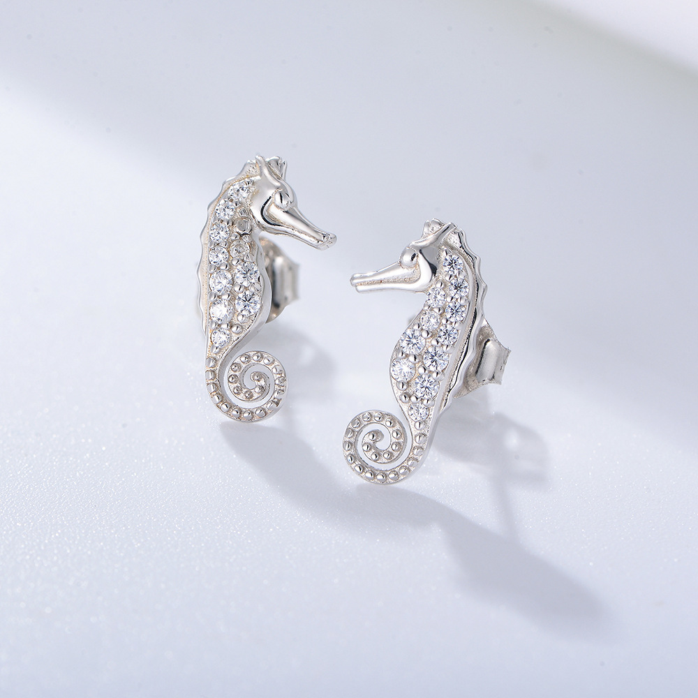 S925 Sterling Silver Micro-painted Zircon Seahorse Animal Earrings for Women - European and American Style, Cute and Unique.
