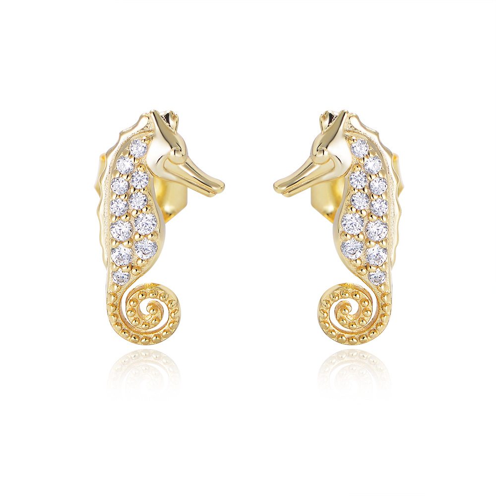 S925 Sterling Silver Micro-painted Zircon Seahorse Animal Earrings for Women - European and American Style, Cute and Unique.