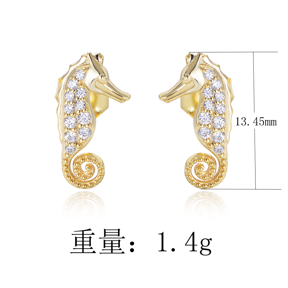 S925 Sterling Silver Micro-painted Zircon Seahorse Animal Earrings for Women - European and American Style, Cute and Unique.