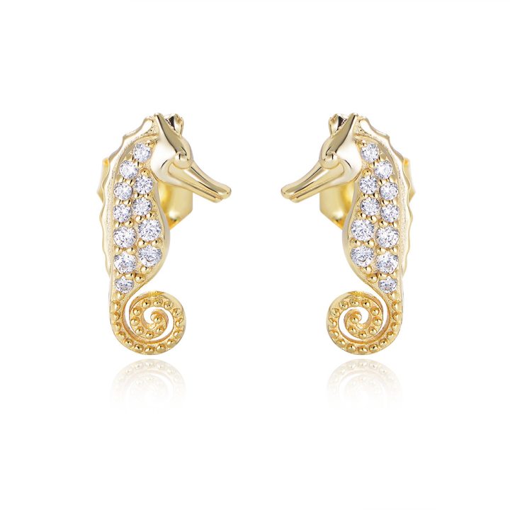 S925 Sterling Silver Micro-painted Zircon Seahorse Animal Earrings for Women - European and American Style, Cute and Unique.