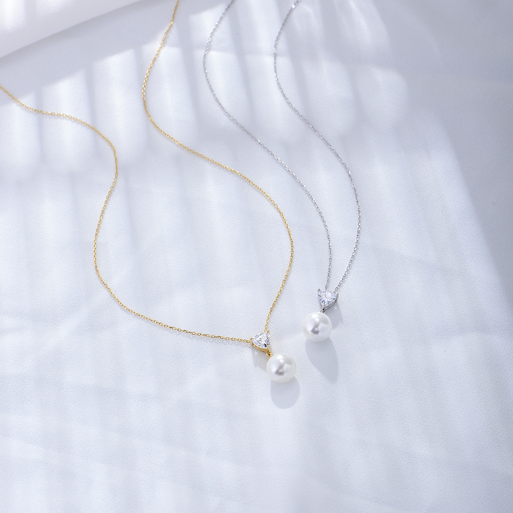 S925 Sterling Silver Heart-Shaped Zircon Pearl Necklace for Women - Versatile, Simple, Collarbone Chain, Silver Jewelry - Niche Design, Light Luxury