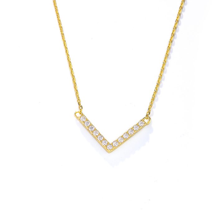 European and American style 925 sterling silver V-shaped necklace for women, niche design, simple and versatile, three-dimensional full diamond pendant, clavicle chain.